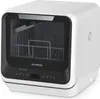 A white and black compact dishwasher with its door open, showing the interior basket and spray arm. Náhľad obrázku produktu