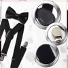 A collage of close-up shots of a black bow tie and suspenders set. Produktbild-Vorschau