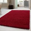 A red shaggy rug is placed on a light-colored floor in a room with furniture and plants visible in the background. Produktbild-Vorschau