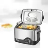 A stainless steel and black deep fryer with its lid open, showing a basket filled with fries. Produktbild-Vorschau