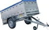 A silver utility trailer with a blue tarp cover is shown from a diagonal angle against a white background. Produktbild-Vorschau