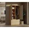 A spacious white wardrobe with a wood-tone finish is shown open, revealing shelves and hanging clothes. The wardrobe is in a room with a sofa and a painting in the background, suggesting a home environment. Anteprima dell’immagine prodotto