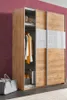A wardrobe with sliding doors, partially open to reveal clothes and luggage inside. A grey tote bag is on the floor next to it. Produktbild-Vorschau