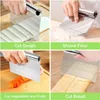 A collage of four images showing different uses of a dough cutter/scraper. Produktbild-Vorschau