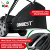 Close-up of a lawnmower with marketing text overlays highlighting features. Produktbild-Vorschau