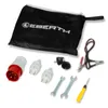 A collection of accessories for a generator, including a storage bag, various plugs, jumper cables, and tools, laid out on a white background. Produktbild-Vorschau