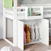 A close-up view of a white bunk bed with a built-in wardrobe and hanging clothes. Anteprima dell’immagine prodotto