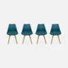 Four teal chairs with wooden legs arranged in a row against a light gray background.