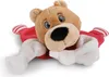 A plush teddy bear toy with red and white striped accents. Produktbild-Vorschau