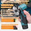 A hand holding a mini angle grinder with various feature callouts and descriptions. Produktbild-Vorschau