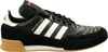 A side view of a black Adidas Mundial Goal soccer shoe with white stripes and tan sole. Náhled obrázku produktu