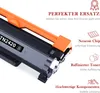 A close-up, angled view of a black and orange toner cartridge with German text and icons describing its features. Produktbild-Vorschau