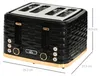 A black and gold four-slice toaster with dimensions indicated by measurement lines. Produktbild-Vorschau