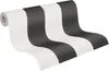 A roll of black and white striped wallpaper is shown unrolling. Produktbild-Vorschau