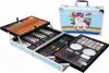 An open art set case with various art supplies, including colored pencils, markers, paints, and brushes, displayed on a white background. A closed case with a unicorn design is visible in the background. Podgląd zdjęcia produktu