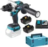 A product shot of a cordless hammer drill kit, including the drill, two batteries, a charger, and a storage case. Produktbild-Vorschau