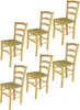 A set of six wooden chairs with woven seats, arranged in a grid.