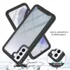 Two phone cases are shown in a diagonal arrangement, with one slightly overlapping the other. The background is white with some abstract gray shapes suggesting broken ground or debris. A circular inset shows a close-up of the camera area of one of the case Produktbild-Vorschau