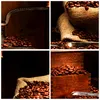 A collage of four images featuring coffee beans in various settings, including a vintage coffee grinder, a burlap sack, and wooden crates. Produktbild-Vorschau