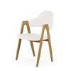 A white upholstered chair with wooden legs and armrests, photographed against a white background. Podgląd zdjęcia produktu