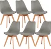 A set of six gray dining chairs with wooden legs arranged in two rows of three. Voir les images du produit
