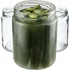 Three glass jars, one filled with pickles and two empty, are arranged on a white background. Voir les images du produit