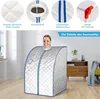 A woman is inside a portable sauna tent, with close-up images of the product's features displayed above. Náhľad obrázku produktu
