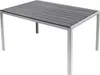 A rectangular outdoor dining table with a slatted gray top and silver metal legs, shown against a white background. Produktbild-Vorschau
