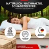 A woman sleeping peacefully on a bed with wooden slats, surrounded by nature imagery and marketing icons. Produktbild-Vorschau
