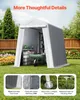 A grey storage shed in a backyard setting, with close-up insets showing product features. Produktbild-Vorschau