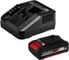 A black battery charger and a black and red battery pack are shown against a white background. Produktbild-Vorschau