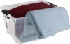 A clear plastic storage box containing two folded blankets, one maroon and one light blue. Produktbild-Vorschau