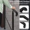 A person's hand is shown touching a black handrail mounted on a tiled wall, with close-up shots of the handrail's construction details on the right. Produktbild-Vorschau