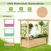 A wooden raised garden bed with a trellis and hanging plants, shown on a grassy lawn with smaller examples of the product in different colors. Náhled obrázku produktu