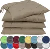 A stack of four taupe seat cushions with a row of colorful circular swatches of other available cushion colors below.
