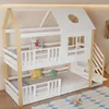 A children's bunk bed with a house-like design, complete with a roof, window, and stairs, set against a neutral background. Anteprima dell’immagine prodotto