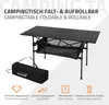 A black camping table is shown set up, with its carrying bag and feature icons below. Produktbild-Vorschau
