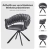 A large image of a gray velvet chair with a braided design and black legs, accompanied by smaller images of the chair from different angles with German labels. Voir les images du produit