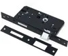A black metal door lock mechanism and a black metal strike plate are shown on a white background. Produktbild-Vorschau
