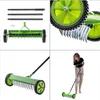 A collage of images showing a manual lawn aerator, its parts, and a person using it. Produktbild-Vorschau