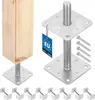 A product image showing a wooden post supported by a metal post base, with additional bases and screws displayed. Produktbild-Vorschau