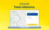 A laptop screen displaying a map with a route and route options, set against a yellow background. Produktbild-Vorschau