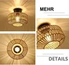 A collage of images showing a rattan ceiling light from different angles, with marketing text. Produktbild-Vorschau