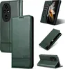 A collage of images showing a green leather phone case from different angles and in different configurations. Produktbild-Vorschau