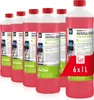 Six bottles of red liquid cleaning solution for coffee machines, arranged in a row. Produktbild-Vorschau