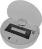 Top view of a white robot vacuum cleaner with its lid open, revealing the dustbin compartment and a brush. Voir les images du produit