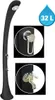 A black outdoor shower with close-up views of the faucet and shower handle, and a water droplet graphic indicating capacity. Produktbild-Vorschau