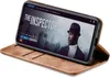 A smartphone in a brown flip case is displayed on a white background, showing a movie streaming interface on its screen. Produktbild-Vorschau
