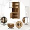 A collage of images showcasing a wooden cabinet with glass doors, highlighting its features like metallic handles, magnetic door closure, and glass doors. Náhled obrázku produktu
