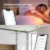 A split image showing a man sleeping in bed with soft lighting and a close-up of ceiling lights connected by green lines, with a smartphone displaying app controls. Produktbild-Vorschau
